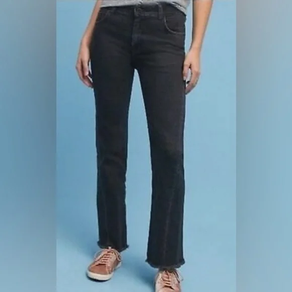 Pilcro Anthropologie High Rise Flare Black Jeans Front Seam Raw Hem 32 - Picture 2 of 15